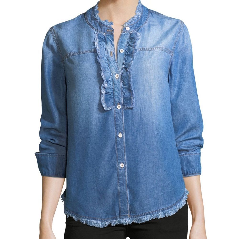 Splendid Ruffle Front Button Down Chambray Denim Shirt, Size XS NWOT